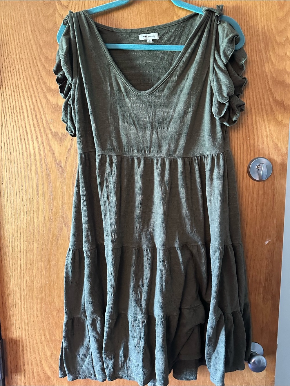 Max Studio Olive Green Tiered Tunic with Tie Ruffled Sleeves